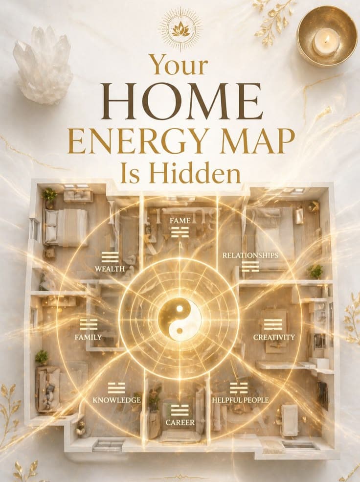 An illustrative home energy map, showing a floor plan divided into the eight Vastu zones — a generated illustration, not a photograph of a specific property.