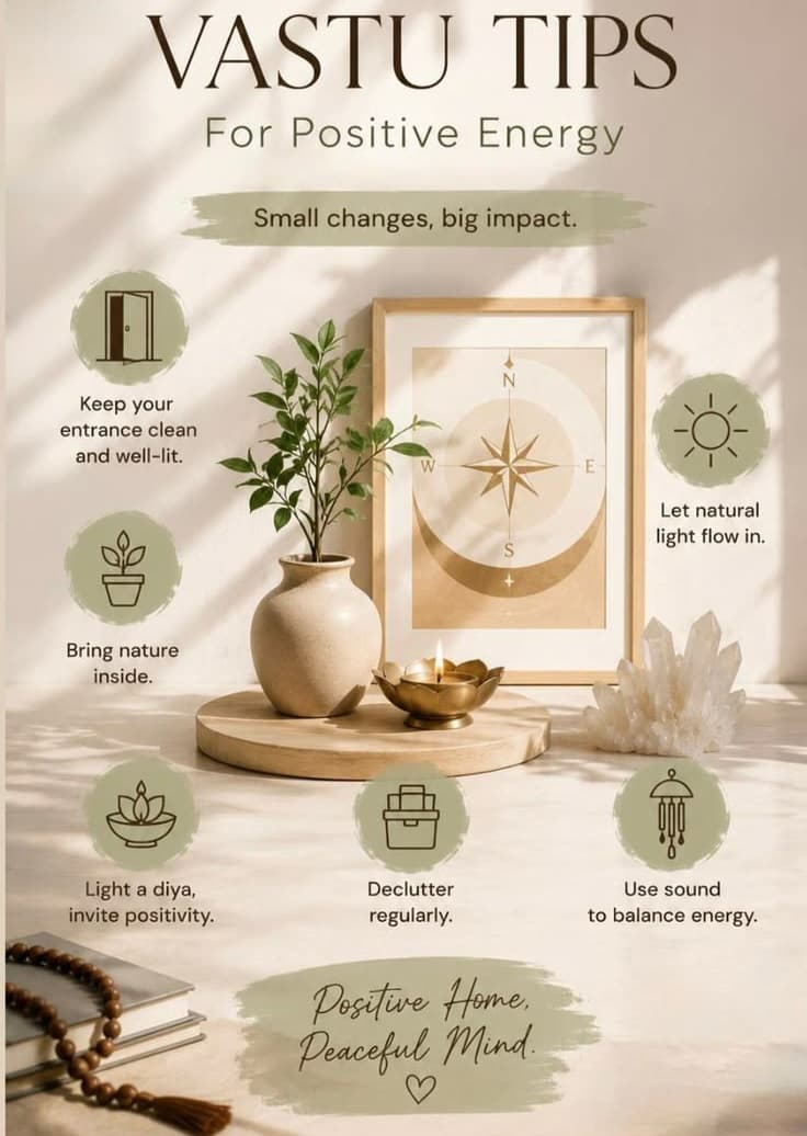 An illustrative still life of everyday Vastu practices — a lit diya, a plant, a compass motif — shown for atmosphere only.